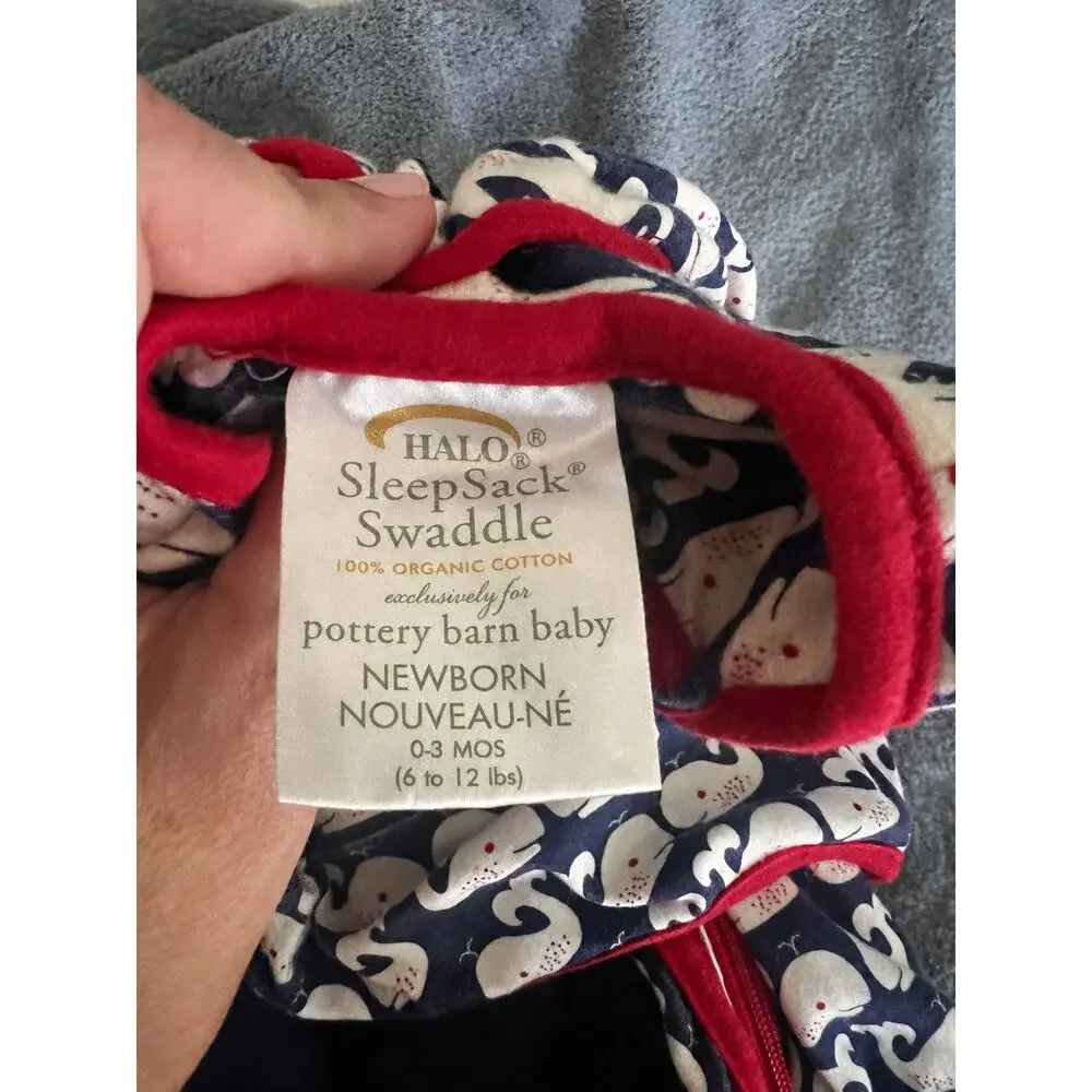 Pottery Barn Baby x HALO Whale Organic Cotton SleepSack Swaddle Newborn 0-3M